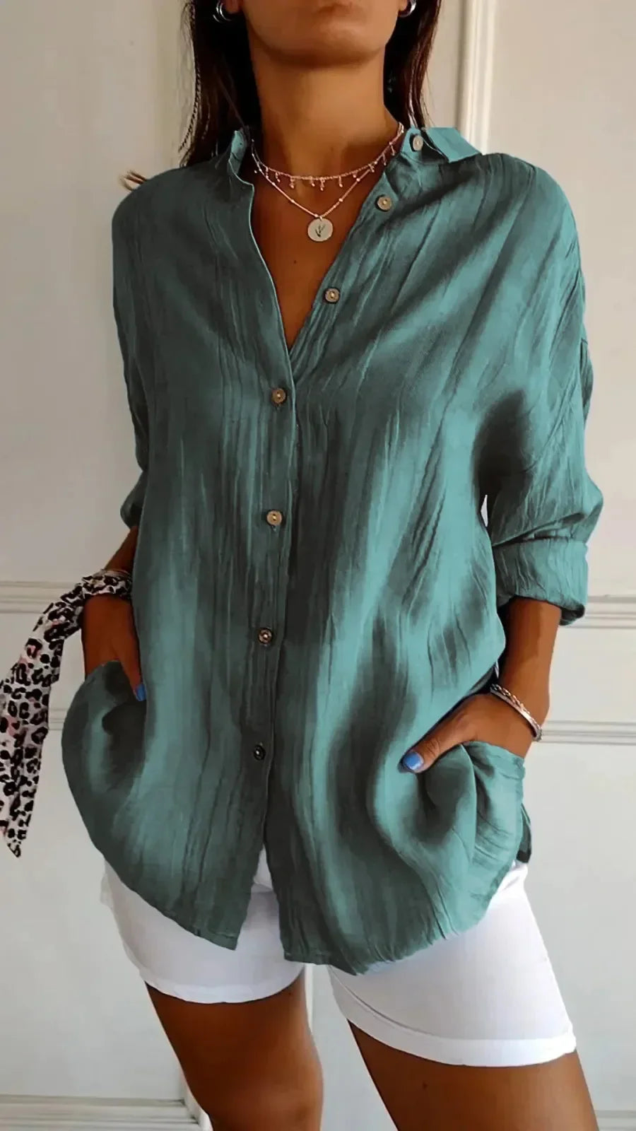 Women’s Button-Up Shirt – Relaxed Fit – Crinkled Texture – Long Sleeve Casual Style
