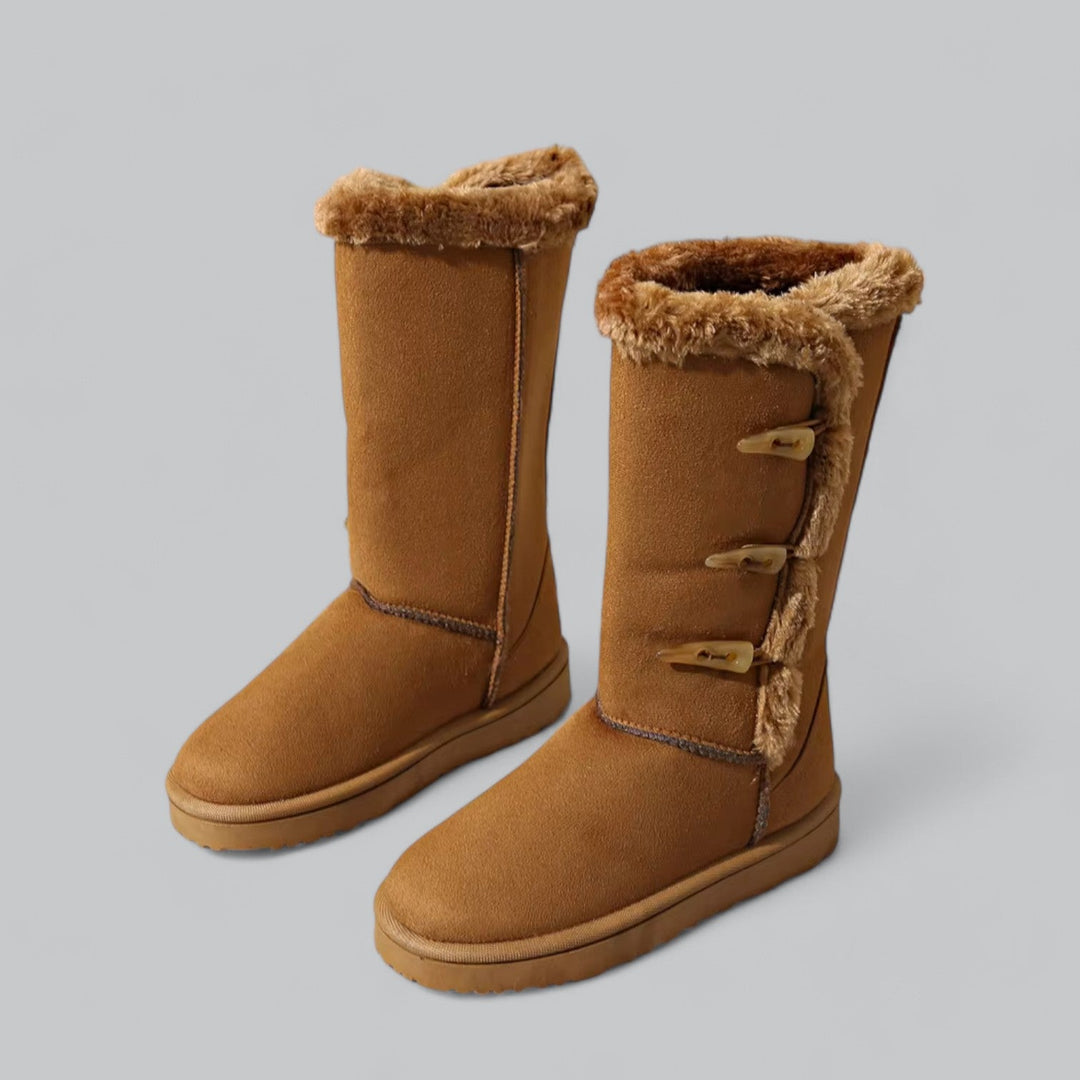 Women's casual mid-high snow boots with flat heel and horn buckle