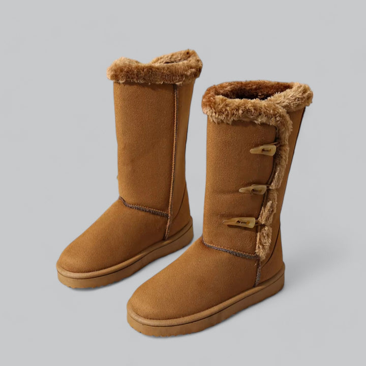 Women's casual mid-high snow boots with flat heel and horn buckle