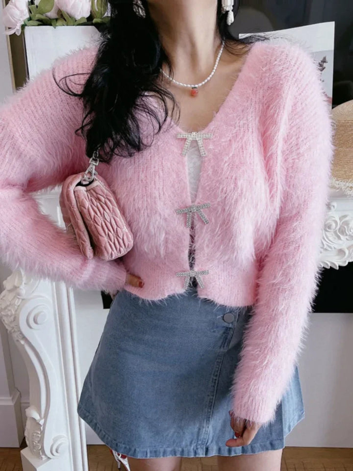 Women's cropped cardigan with bow-shaped crystal