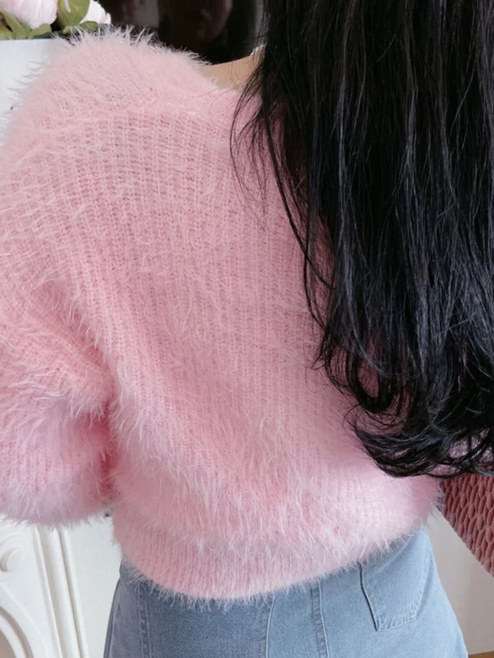 Women's cropped cardigan with bow-shaped crystal