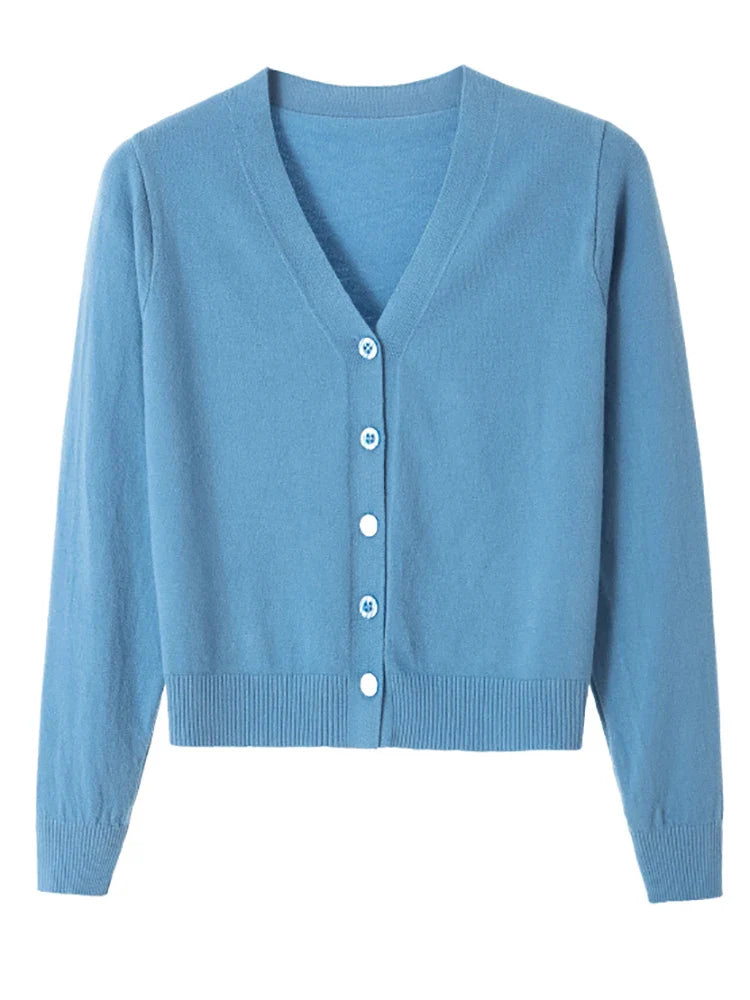 Women's knitted cardigan with V-neck and button closure