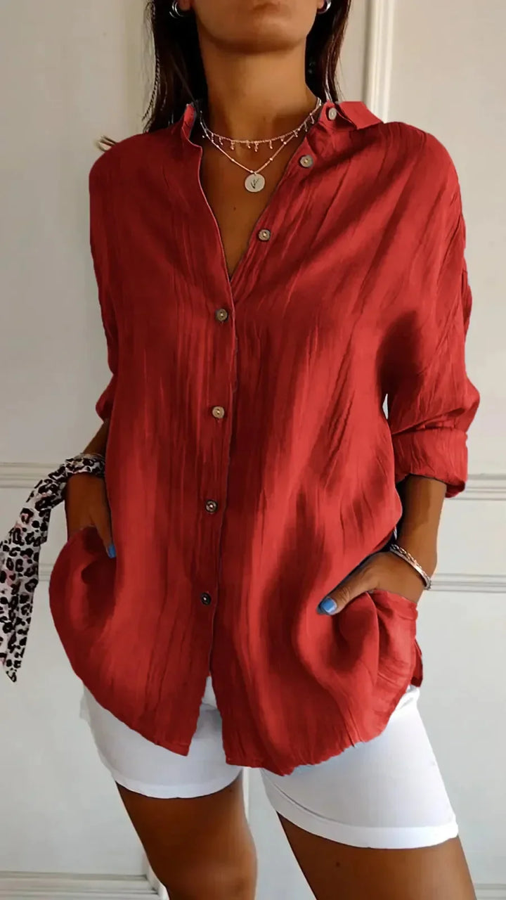 Women’s Button-Up Shirt – Relaxed Fit – Crinkled Texture – Long Sleeve Casual Style