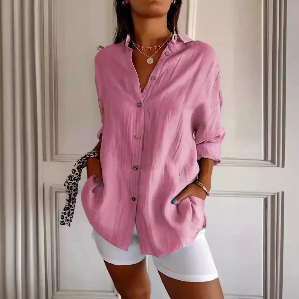 Women’s Button-Up Shirt – Relaxed Fit – Crinkled Texture – Long Sleeve Casual Style