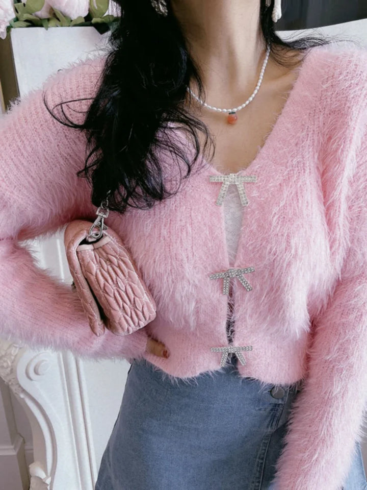 Women's cropped cardigan with bow-shaped crystal
