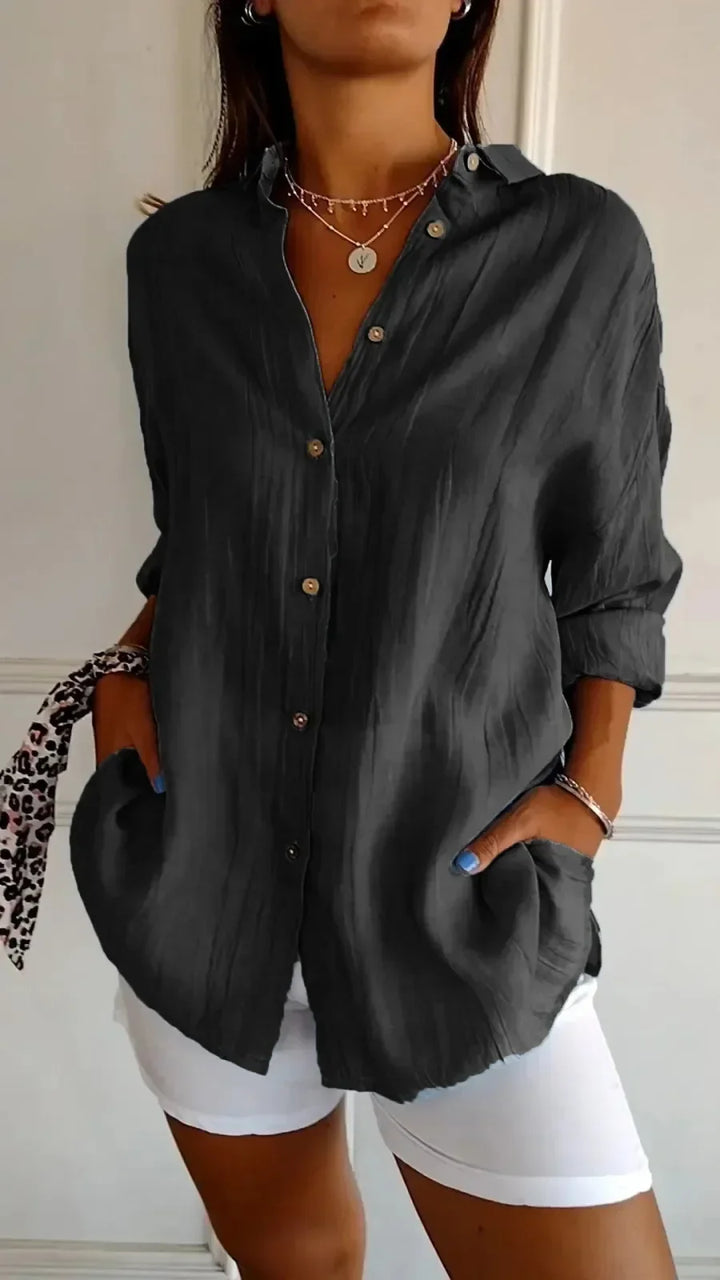 Women’s Button-Up Shirt – Relaxed Fit – Crinkled Texture – Long Sleeve Casual Style