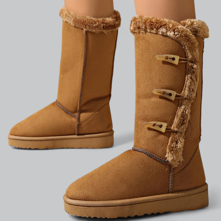 Women's casual mid-high snow boots with flat heel and horn buckle