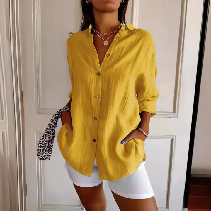 Women’s Button-Up Shirt – Relaxed Fit – Crinkled Texture – Long Sleeve Casual Style