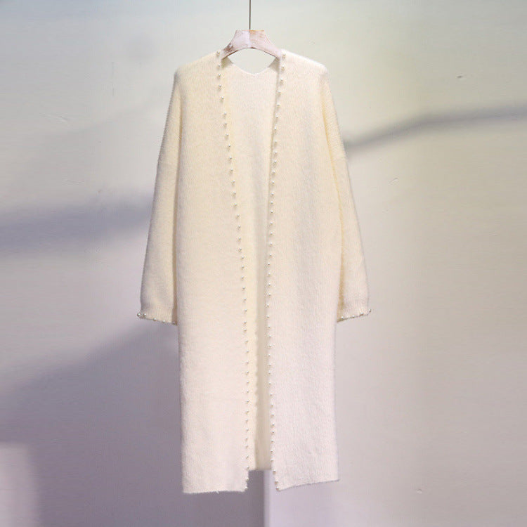 Women's open front knit cardigan with pearl accents
