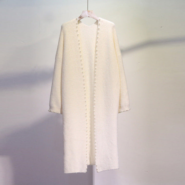 Women's open front knit cardigan with pearl accents