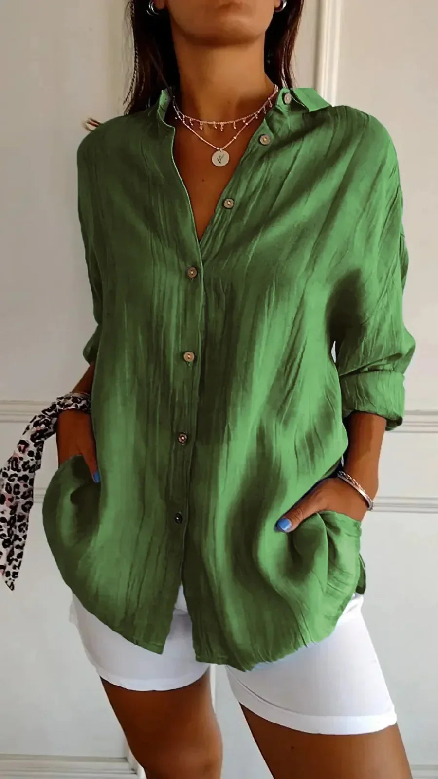 Women’s Button-Up Shirt – Relaxed Fit – Crinkled Texture – Long Sleeve Casual Style