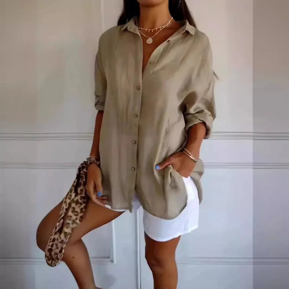 Women’s Button-Up Shirt – Relaxed Fit – Crinkled Texture – Long Sleeve Casual Style