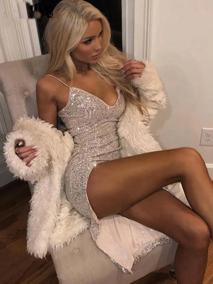Sequined Bodycon Cocktail Dress with Deep V-Neck