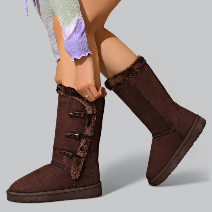 Women's casual mid-high snow boots with flat heel and horn buckle