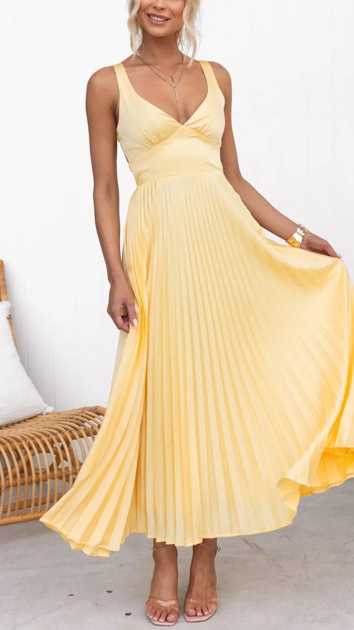 Elegant Yellow Pleated V-Neck Maxi Dress