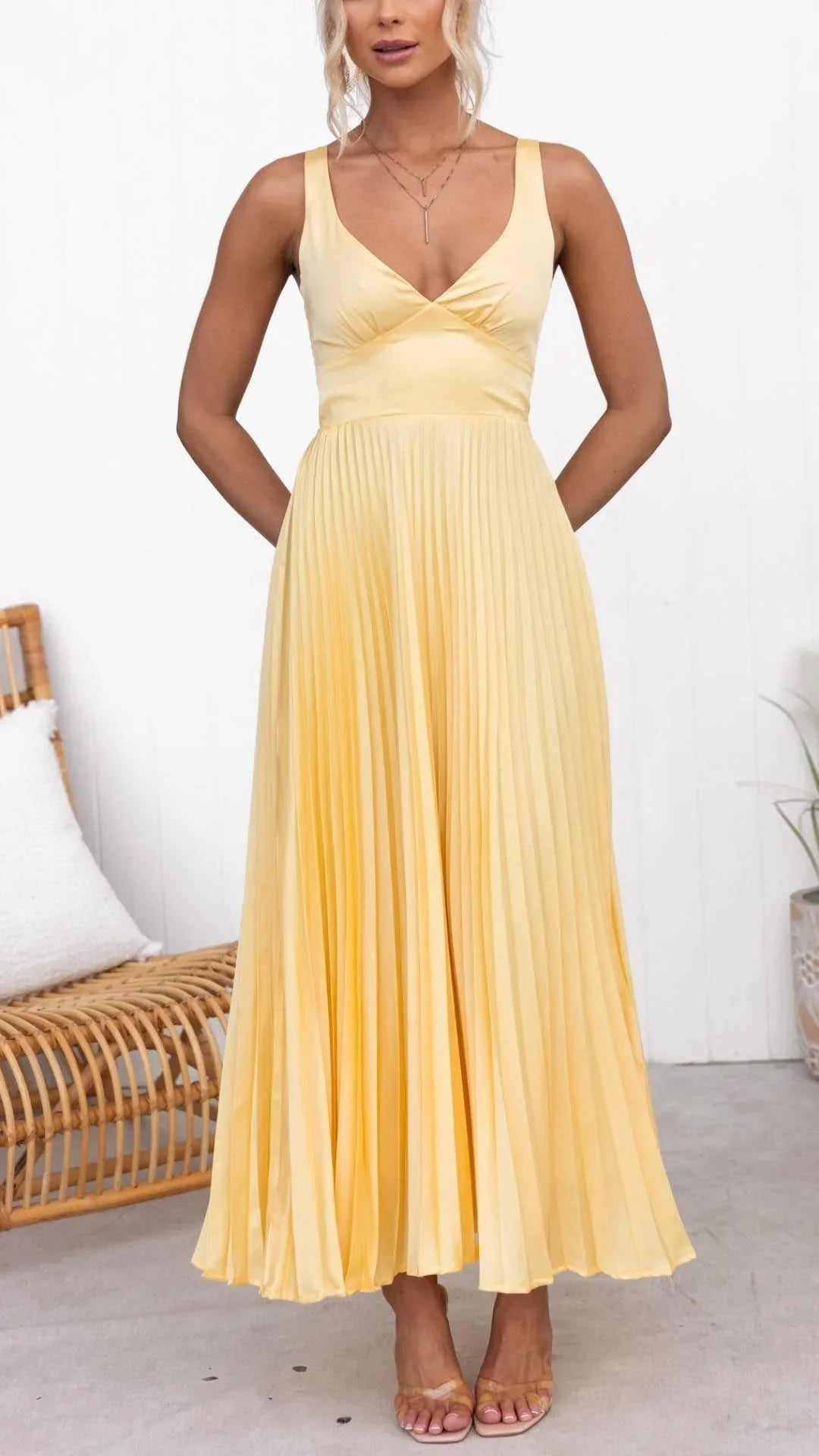 Elegant Yellow Pleated V-Neck Maxi Dress