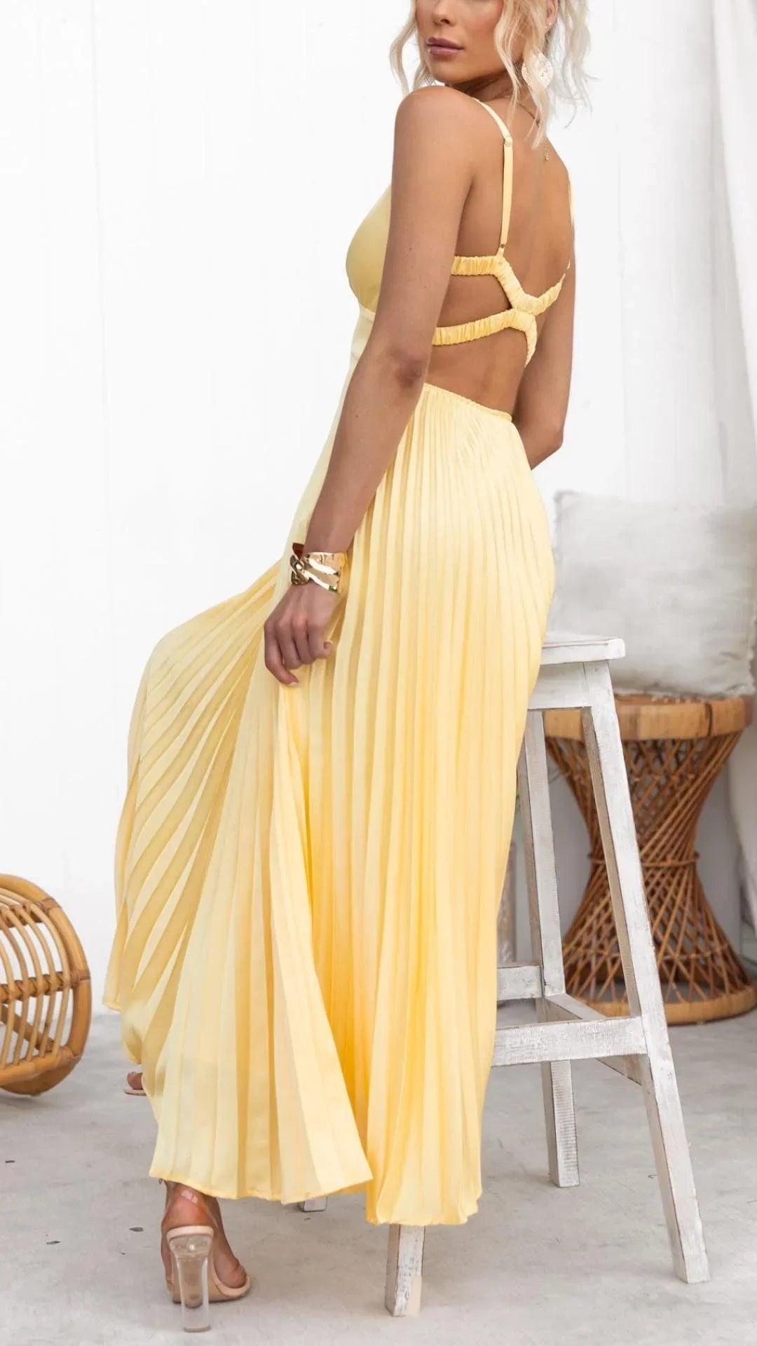 Elegant Yellow Pleated V-Neck Maxi Dress
