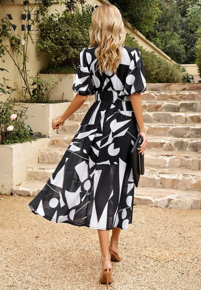 Elegant Floral Midi Dress with Puff Sleeves
