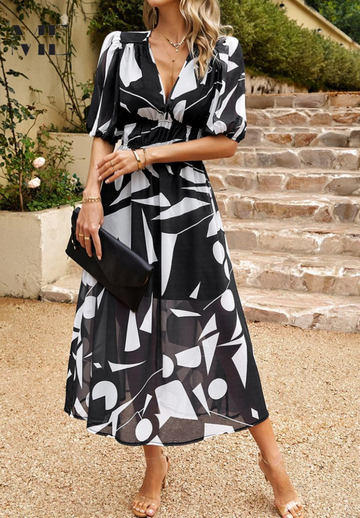 Elegant Floral Midi Dress with Puff Sleeves