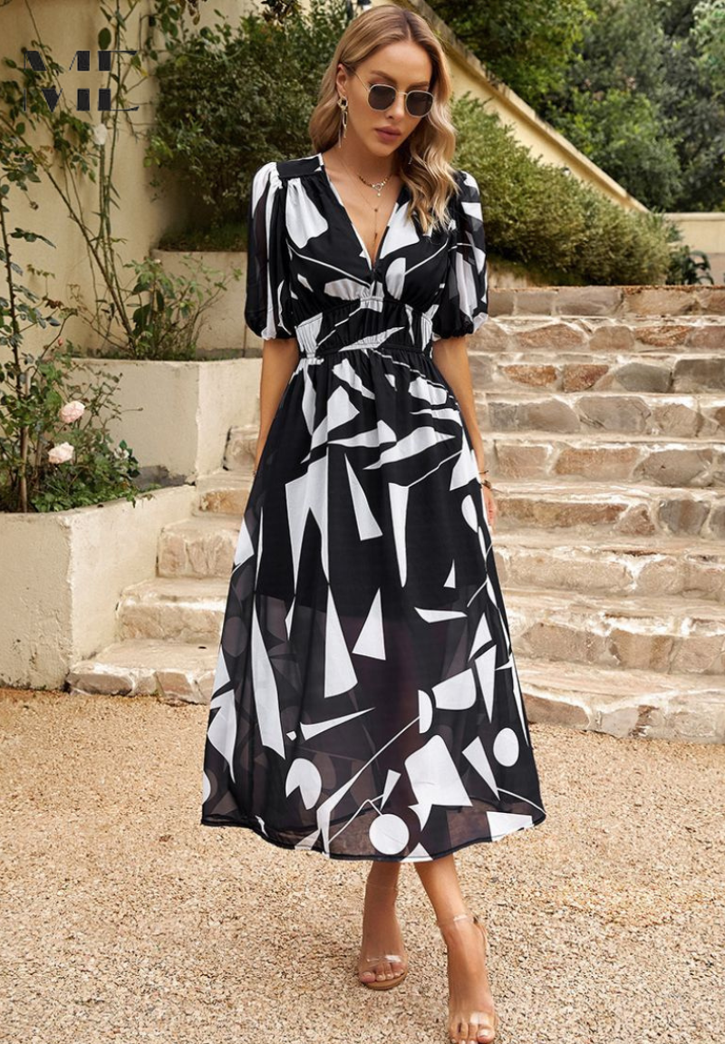 Elegant Floral Midi Dress with Puff Sleeves