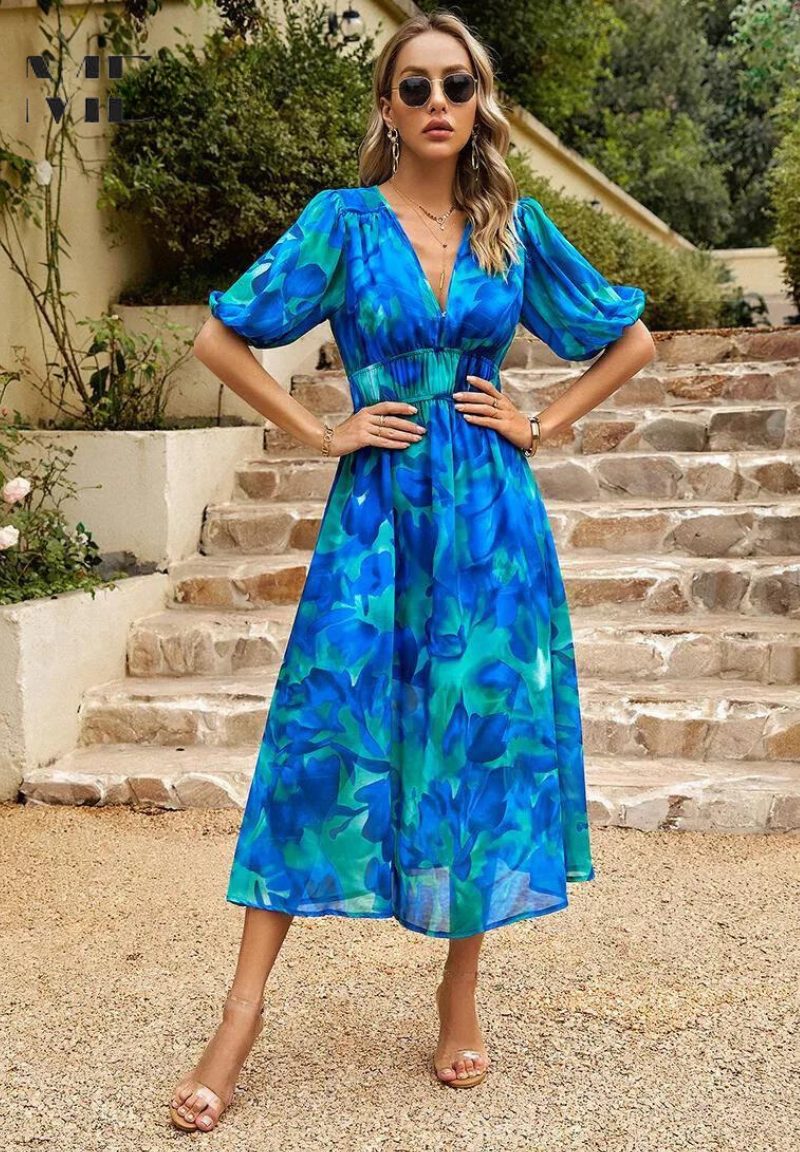 Elegant Floral Midi Dress with Puff Sleeves