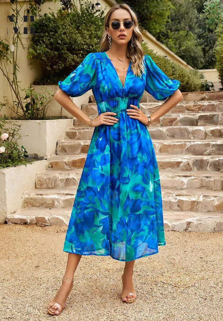 Elegant Floral Midi Dress with Puff Sleeves