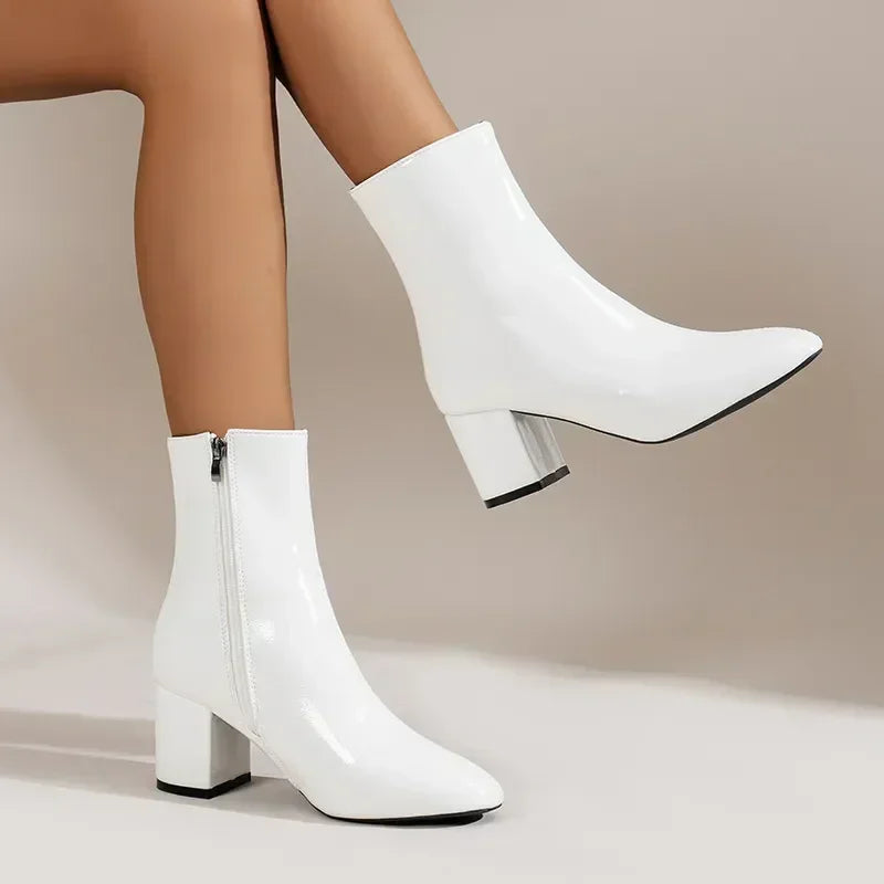 Women's Ankle Boots - Pointed Toe - Side Zipper - Stretch Fit - Mid Heel - Stylish Short Boot