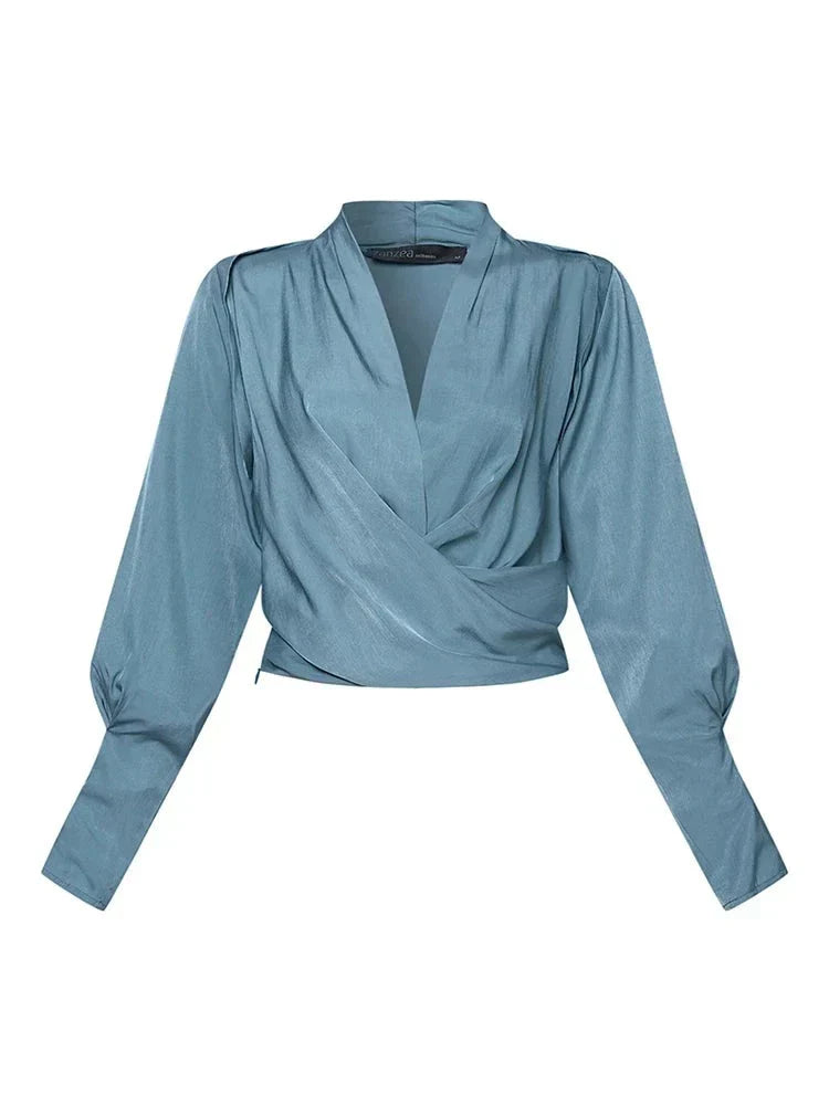 V-Neck Women's Blouses with Puff Sleeves