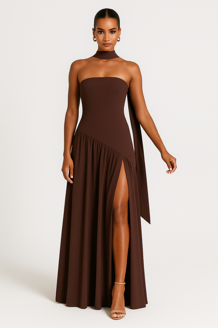 Elegant Women's Strapless Dress with High Slit