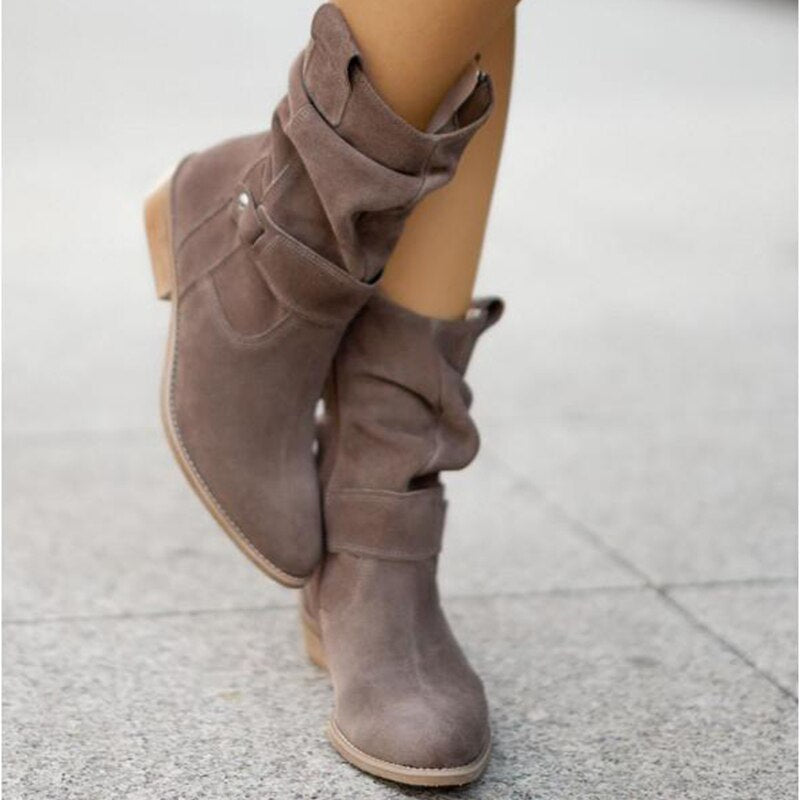 Women's Suede Ankle Boots - Slouched Design - Low Heel - Buckle Strap Detail