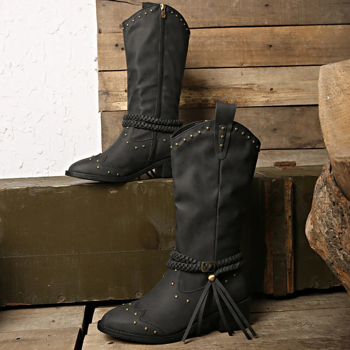 Women’s Western Boots - Faux Leather - Studded - Braided Strap - Pointed Toe