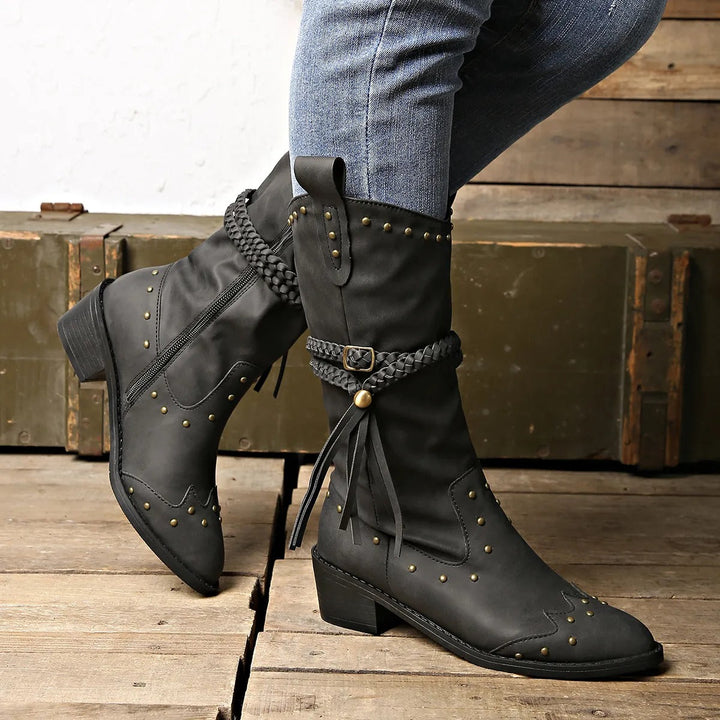 Women’s Western Boots - Faux Leather - Studded - Braided Strap - Pointed Toe