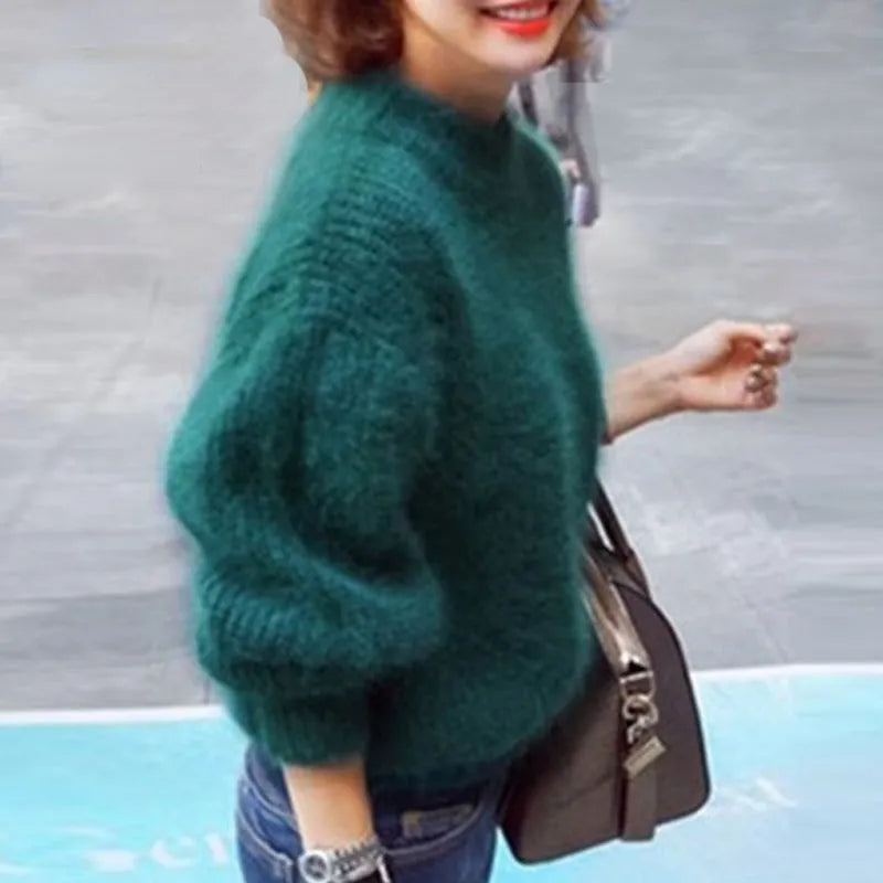 Women's fluffy turtleneck pullover sweater