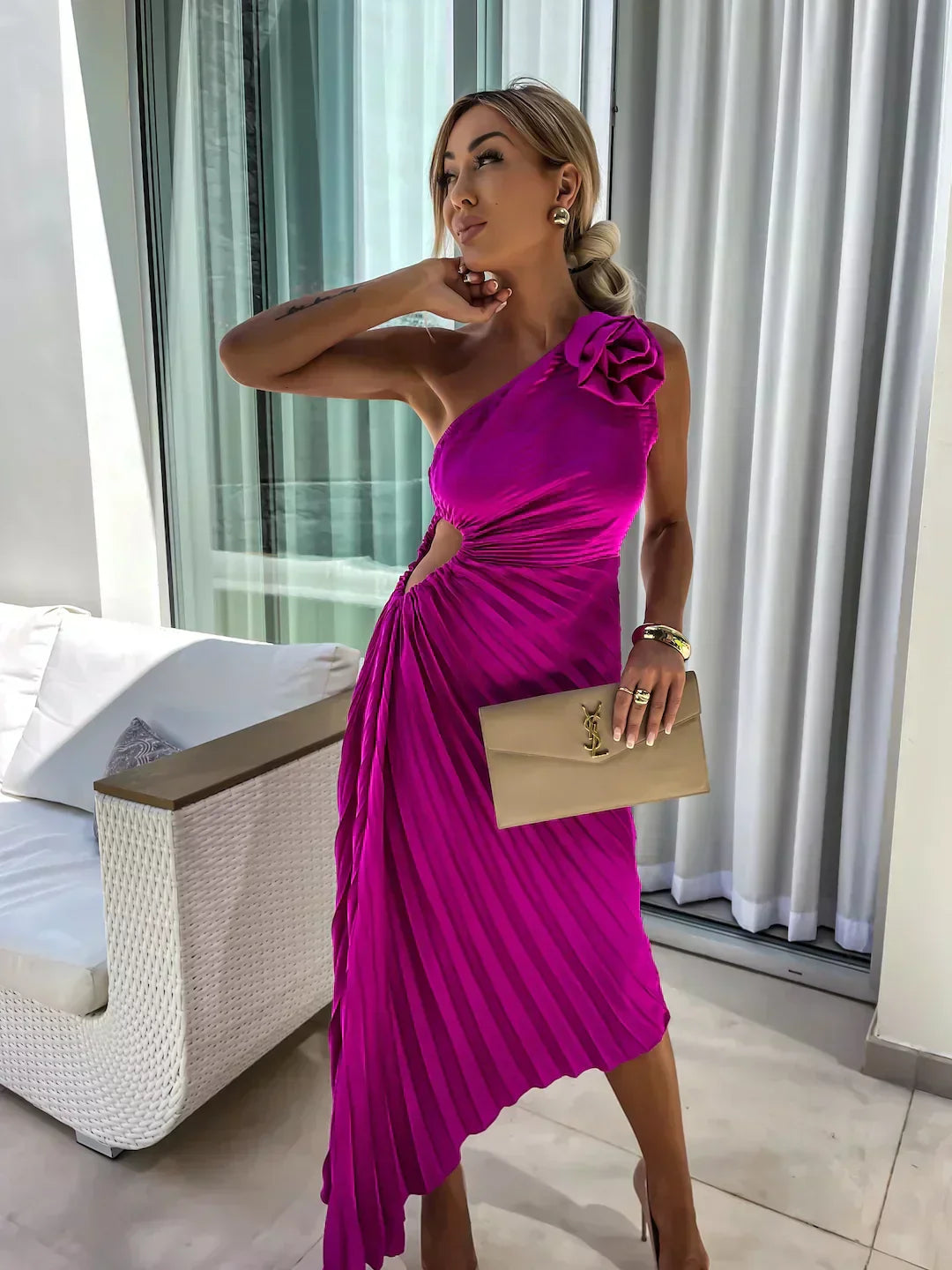 Elegant Pleated Dress with Shoulder Detail