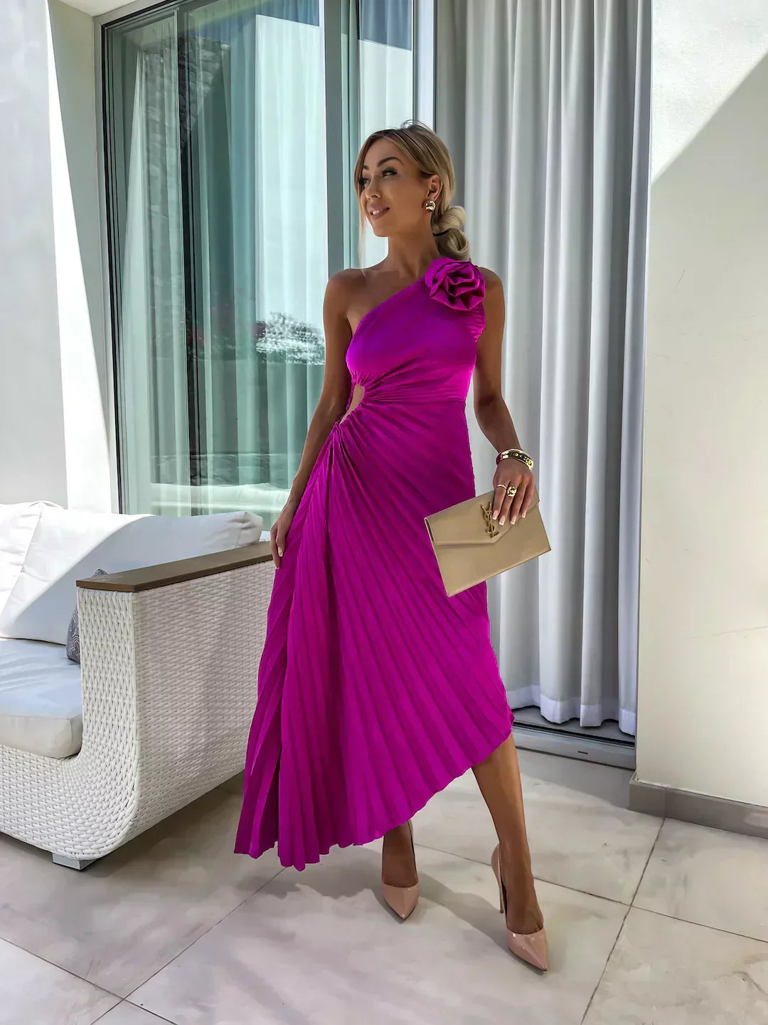 Elegant Pleated Dress with Shoulder Detail
