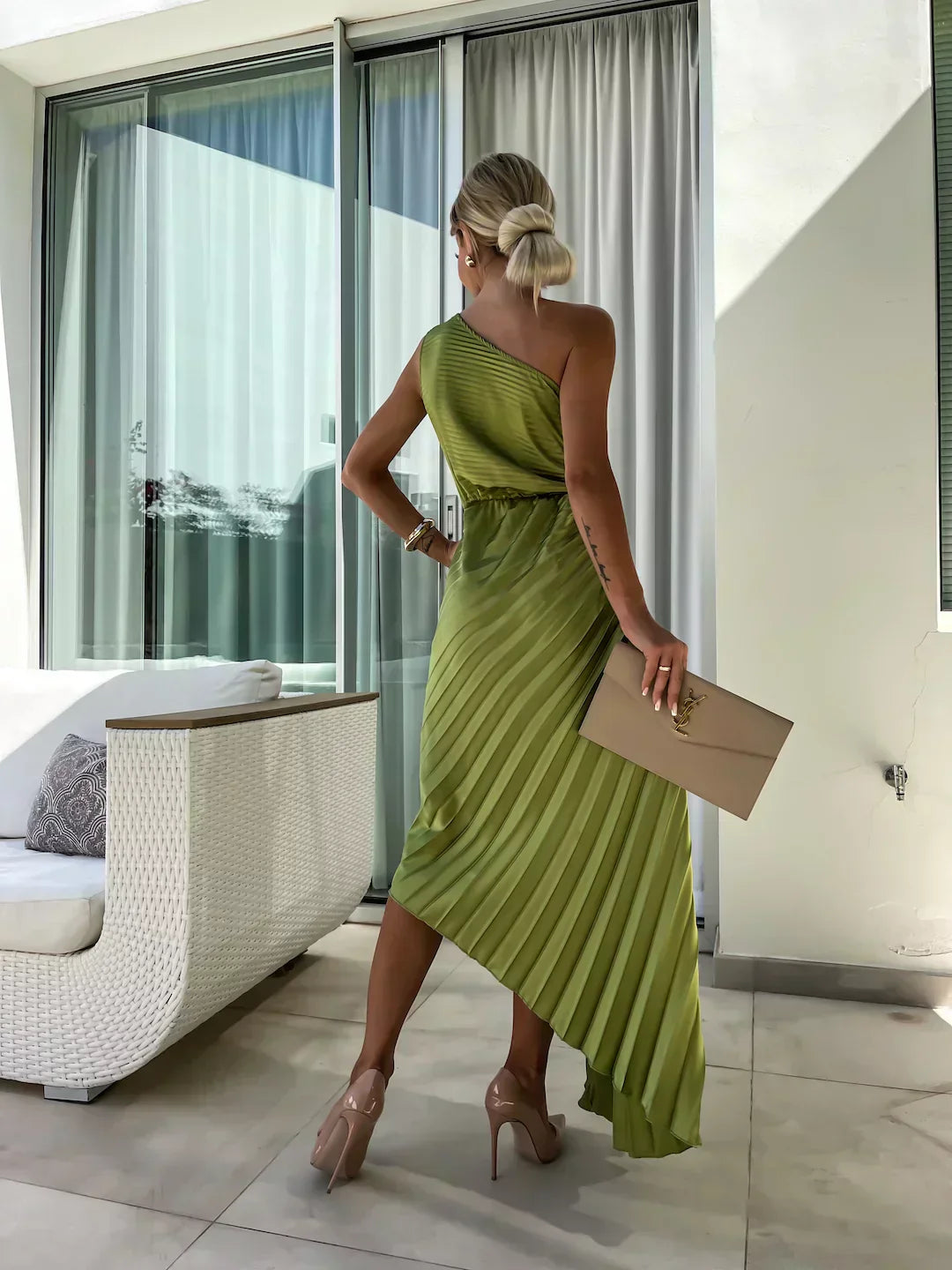 Elegant Pleated Dress with Shoulder Detail