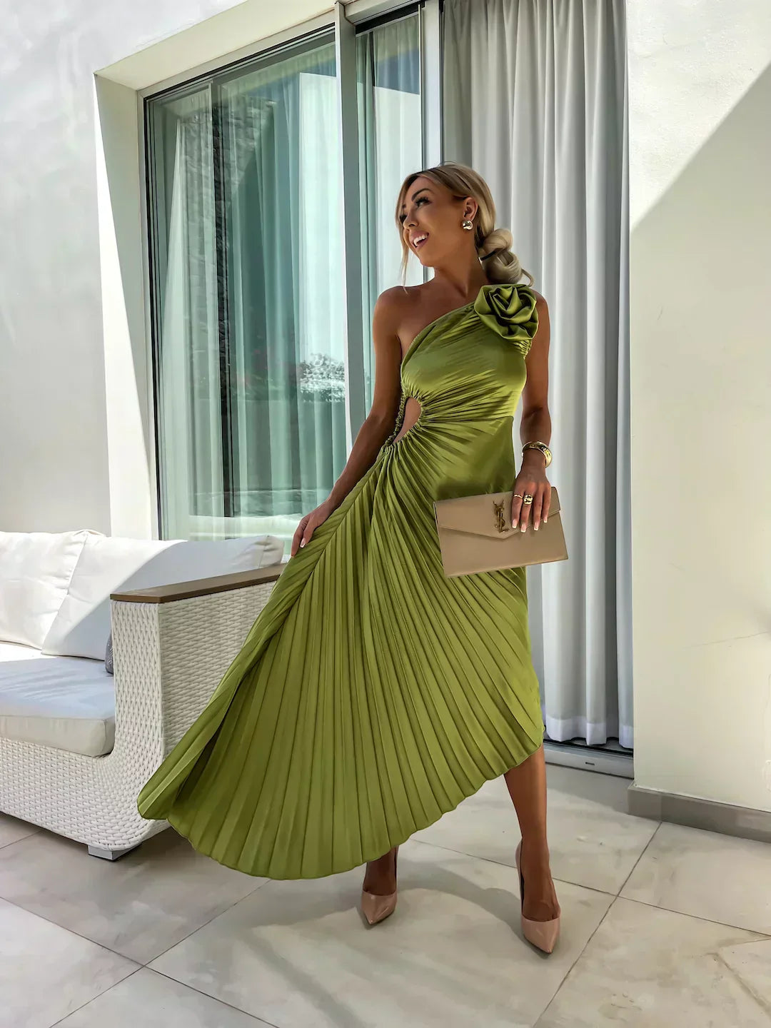 Elegant Pleated Dress with Shoulder Detail
