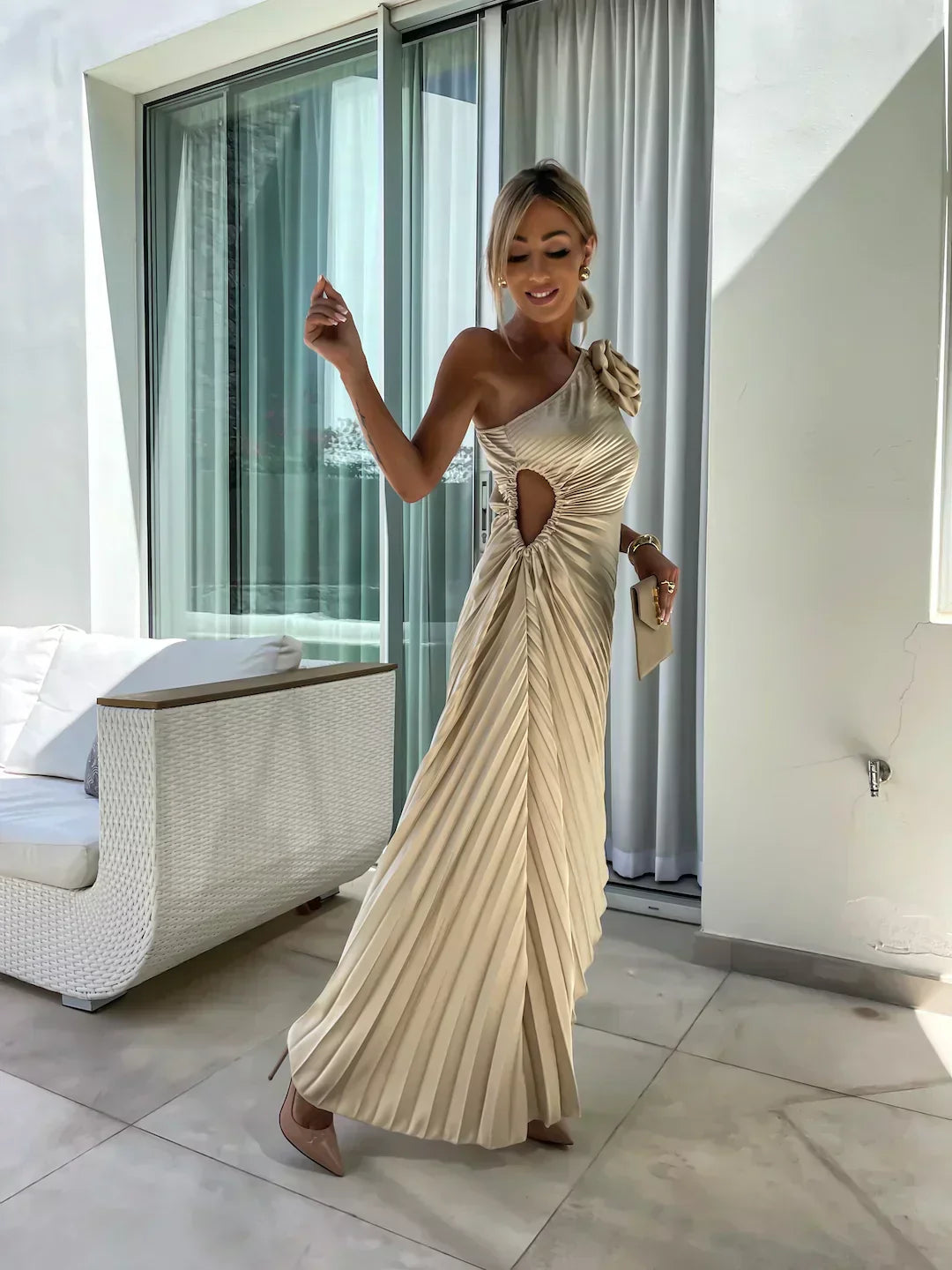 Elegant Pleated Dress with Shoulder Detail