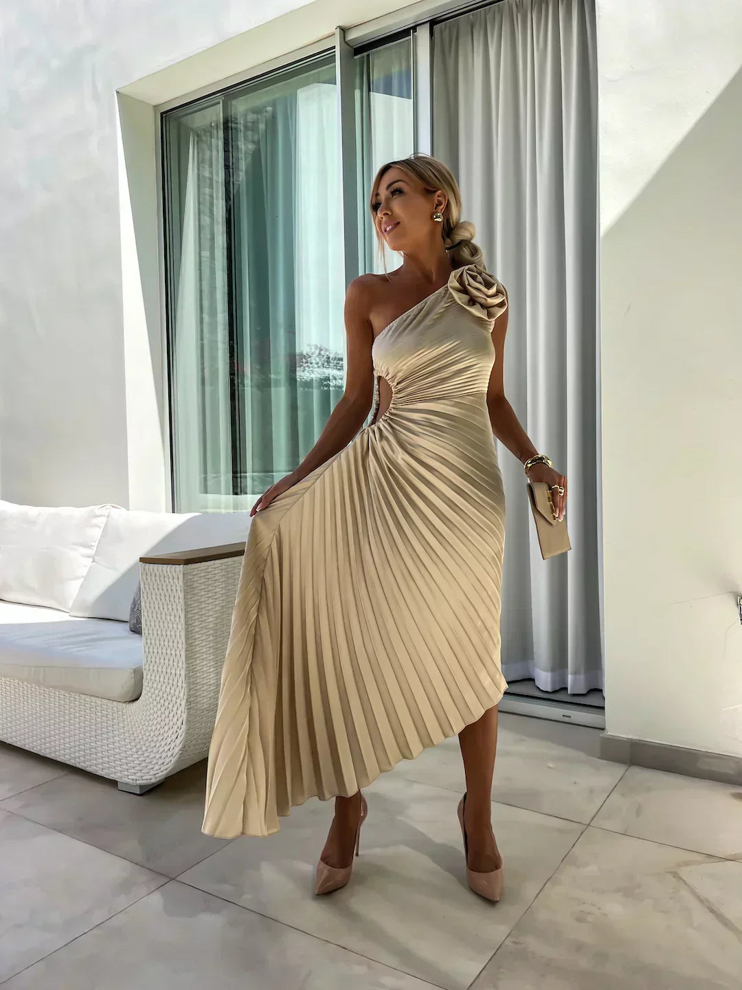Elegant Pleated Dress with Shoulder Detail