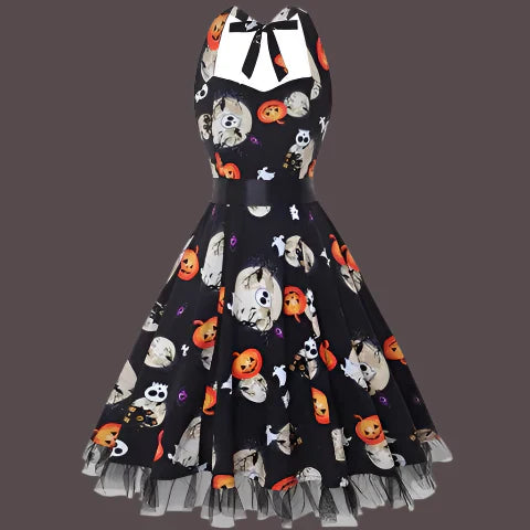 Vintage Halloween Midi Dress with Halter