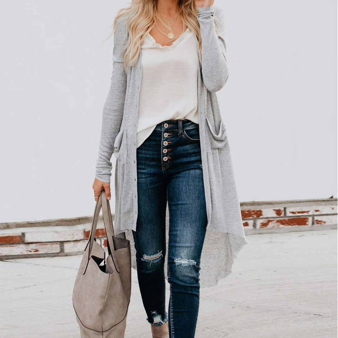 Women's Long Cardigan - Button-Up Design - Casual Chic - Layering Piece