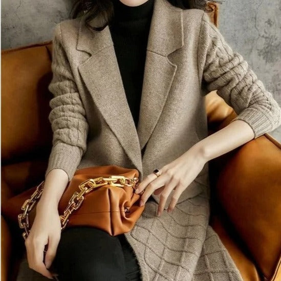 Women's cardigan coat with cable-knit sleeves