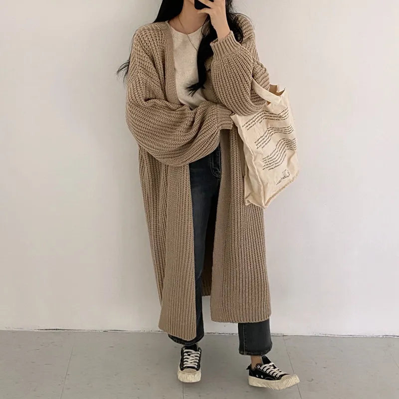 Elegant winter long sweater coat v-neck striped cardigan for women