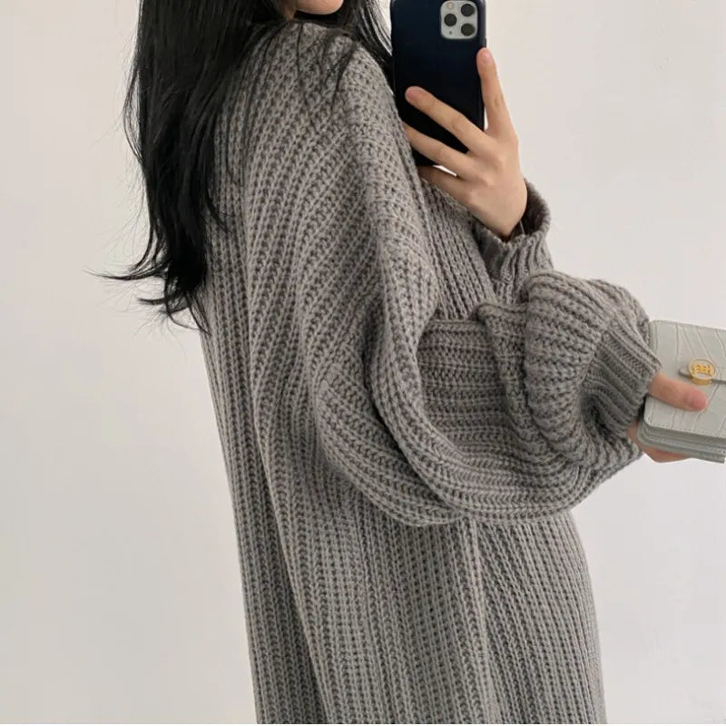 Elegant winter long sweater coat v-neck striped cardigan for women