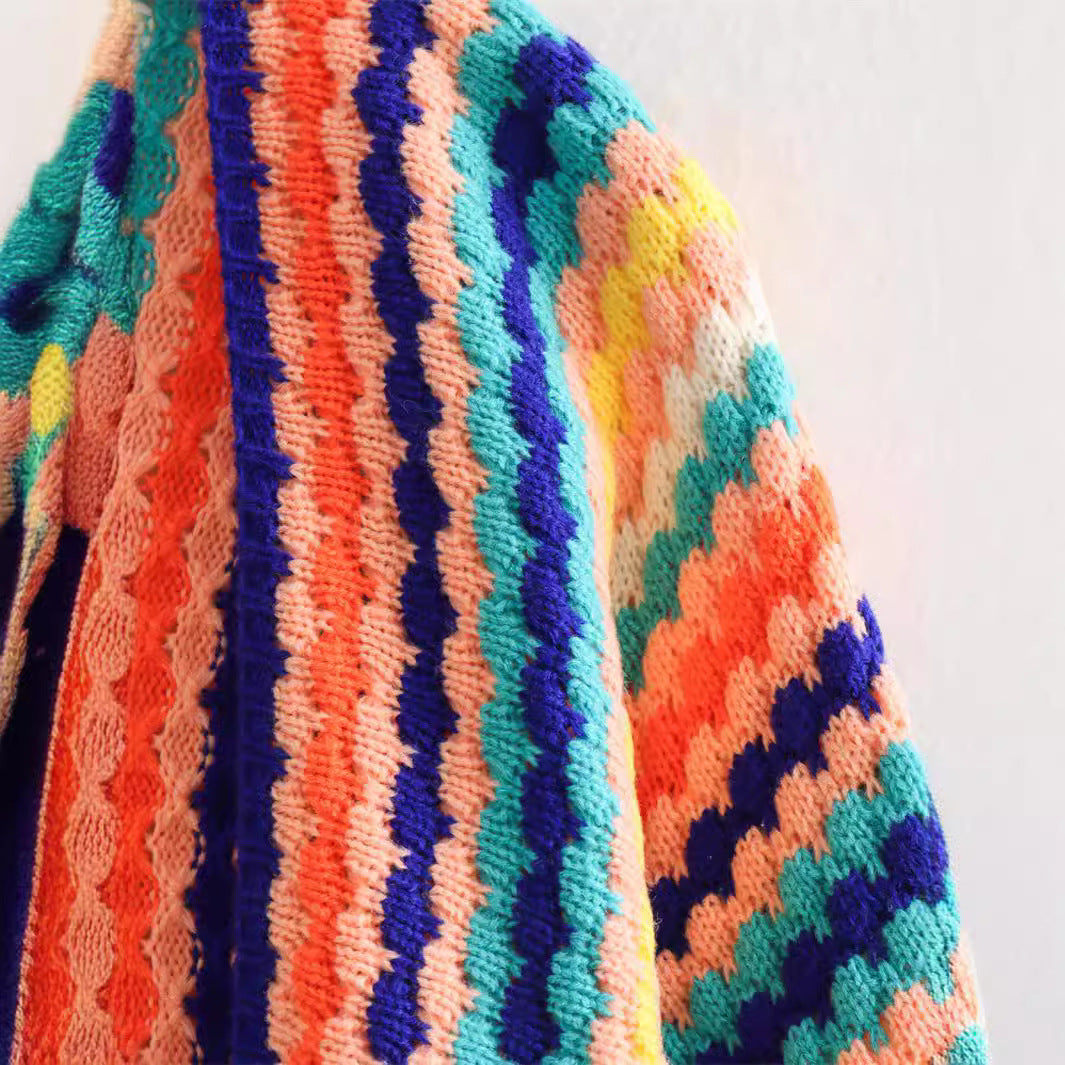 Vibrant rainbow knit sweater for women