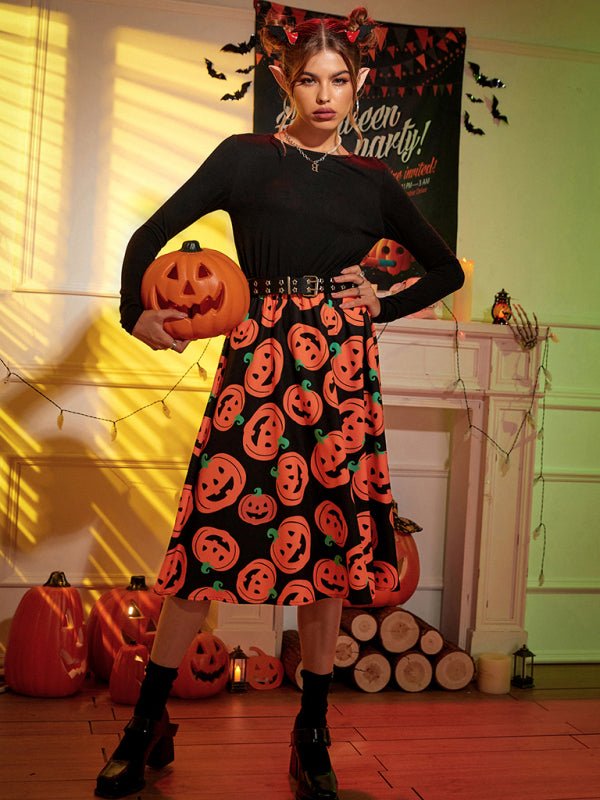 Halloween Pumpkin Print Midi Costume Dress