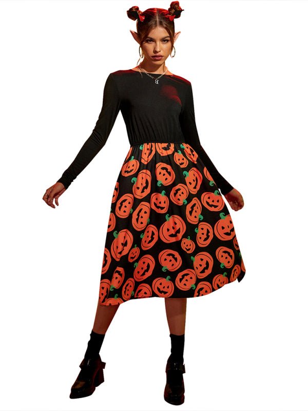 Halloween Pumpkin Print Midi Costume Dress