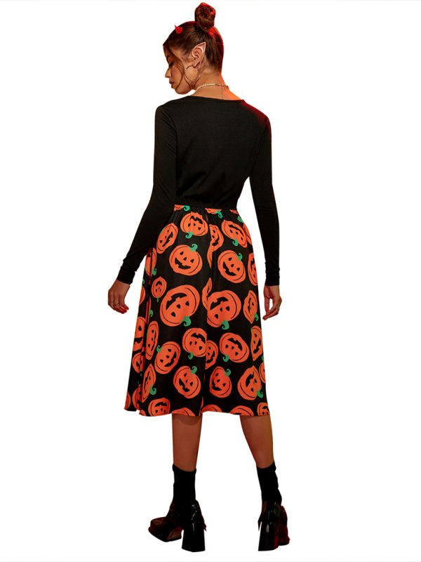 Halloween Pumpkin Print Midi Costume Dress