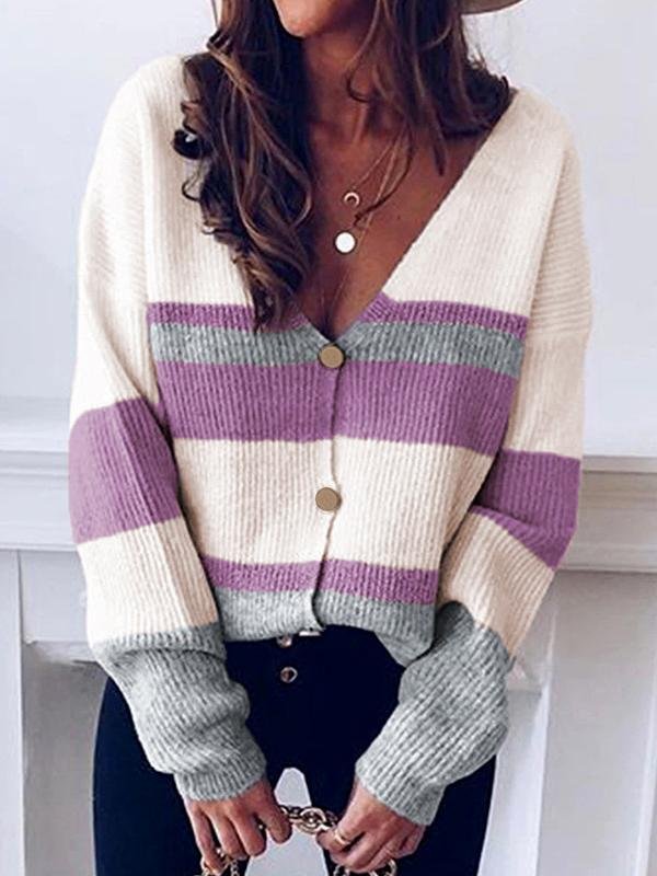 Women's elegant v-neck cardigan with contrasting color buttoned design