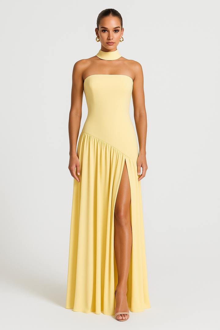 Elegant Women's Strapless Dress with High Slit